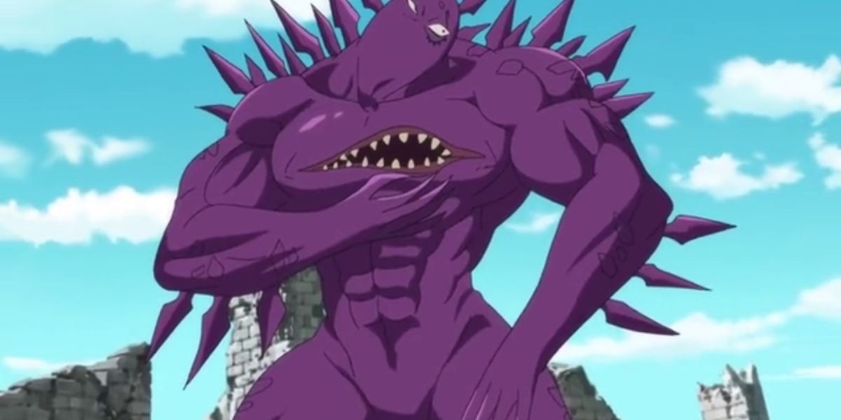 Fraudrin, a purple monster with spikes on its back and a mouth on its chest from The Seven Deadly Sins.