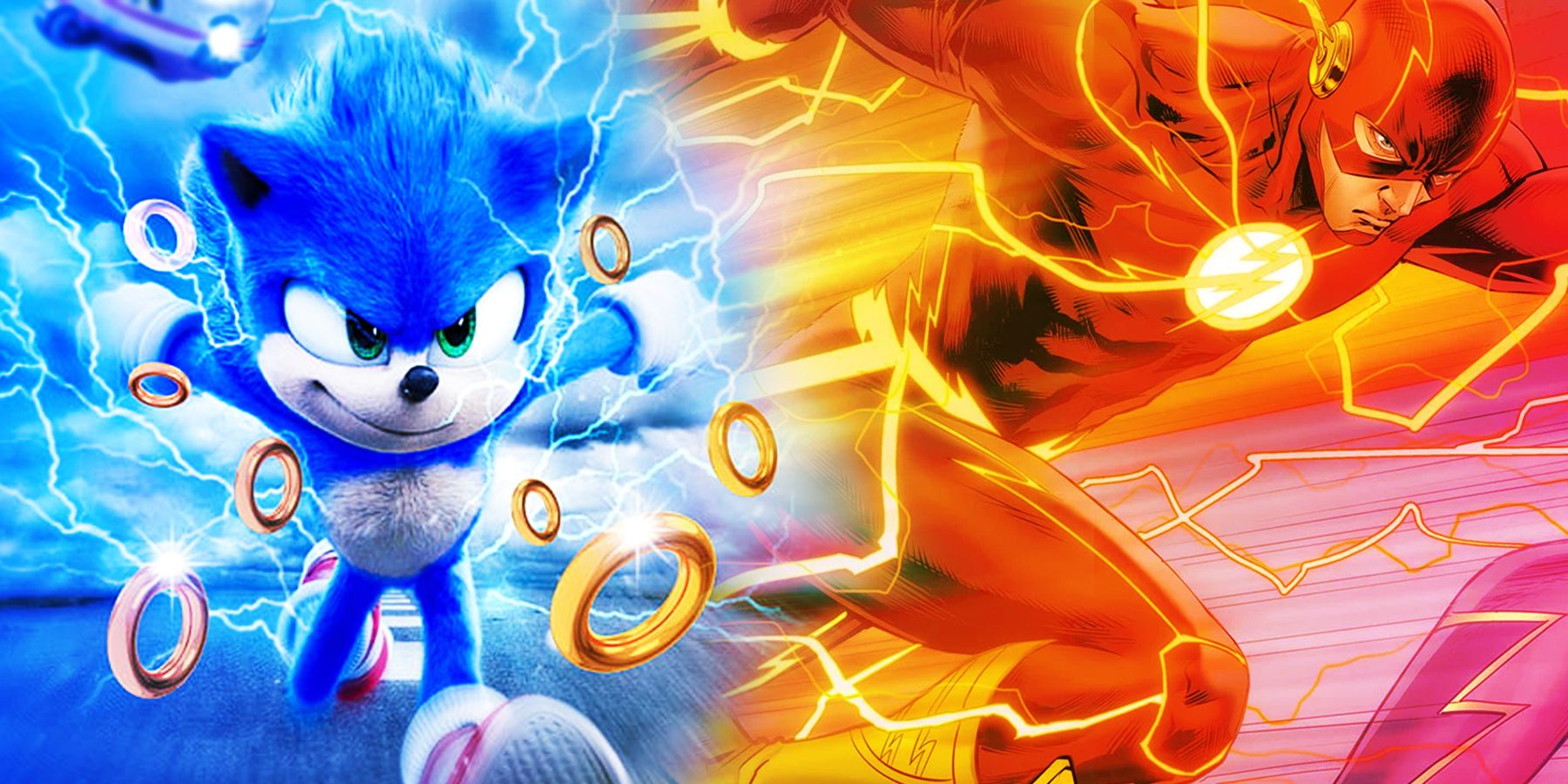 A split image of sonic the hedgehog and the flash