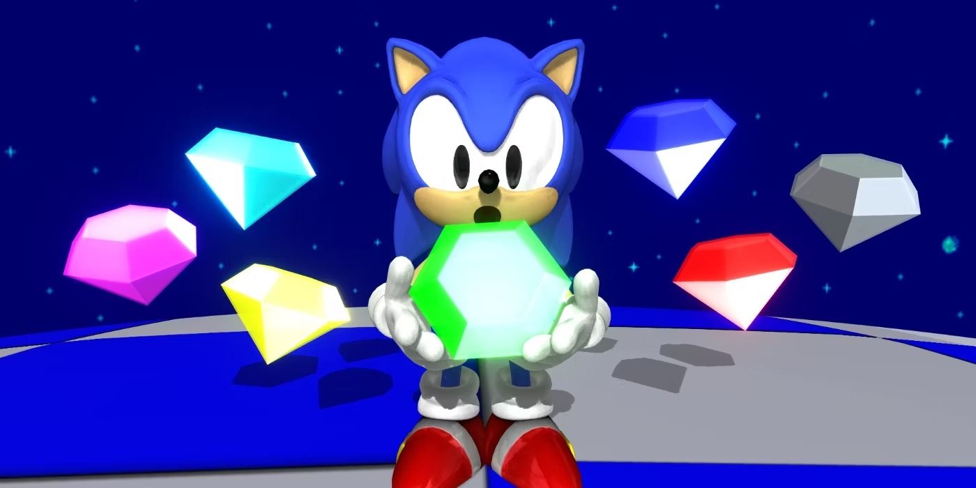 Sonic the Hedgehog holding the Chaos Emeralds in the game.