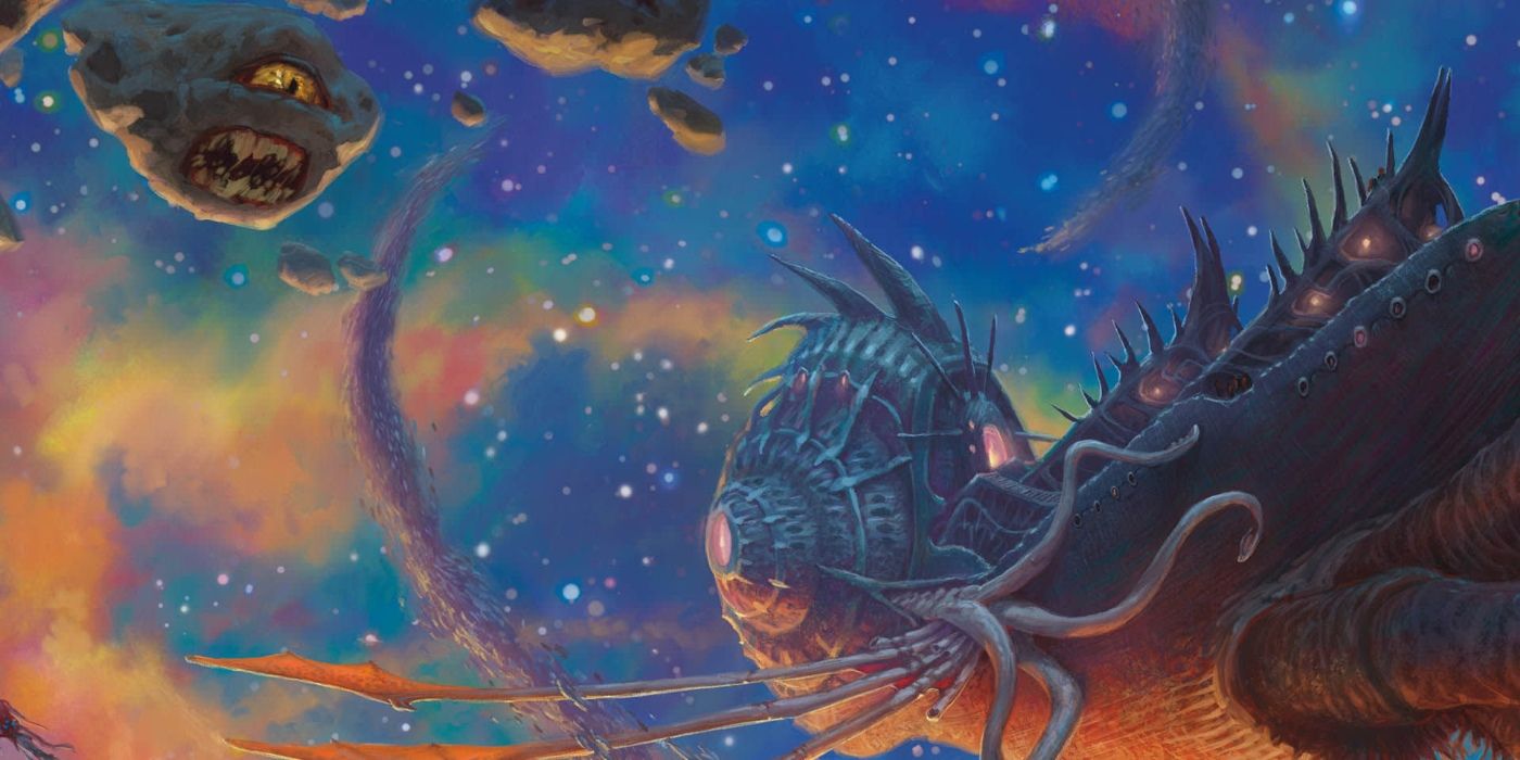 A Spelljammer flying through the Astral Plane in Spelljammer: Adventures in Space DnD boxed set.