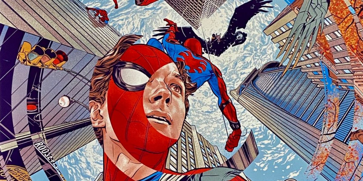 Peter Parker/Spider-Man มองขึ้นไปบนท้องฟ้าและต่อสู้กับ Vulture จาก Spider-Man: โปสเตอร์งานคืนสู่เหย้าโดย Martin Ansin