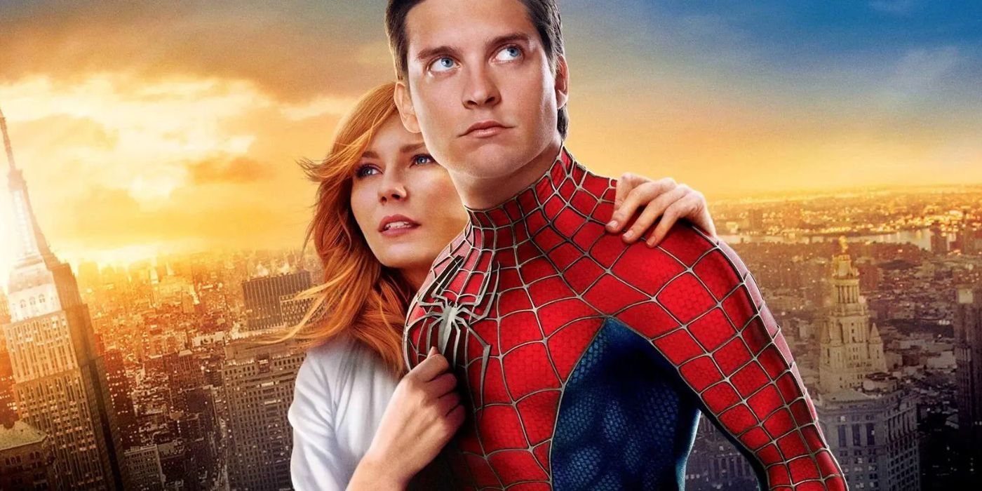 Mary Jane clings onto Tobey Maguire's Spider-Man.