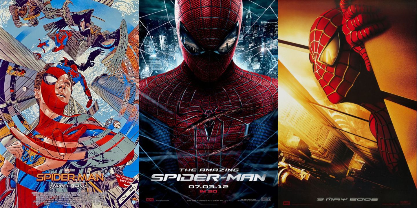 A split image of Spider-Man looking at New York from Spider-Man movie posters.