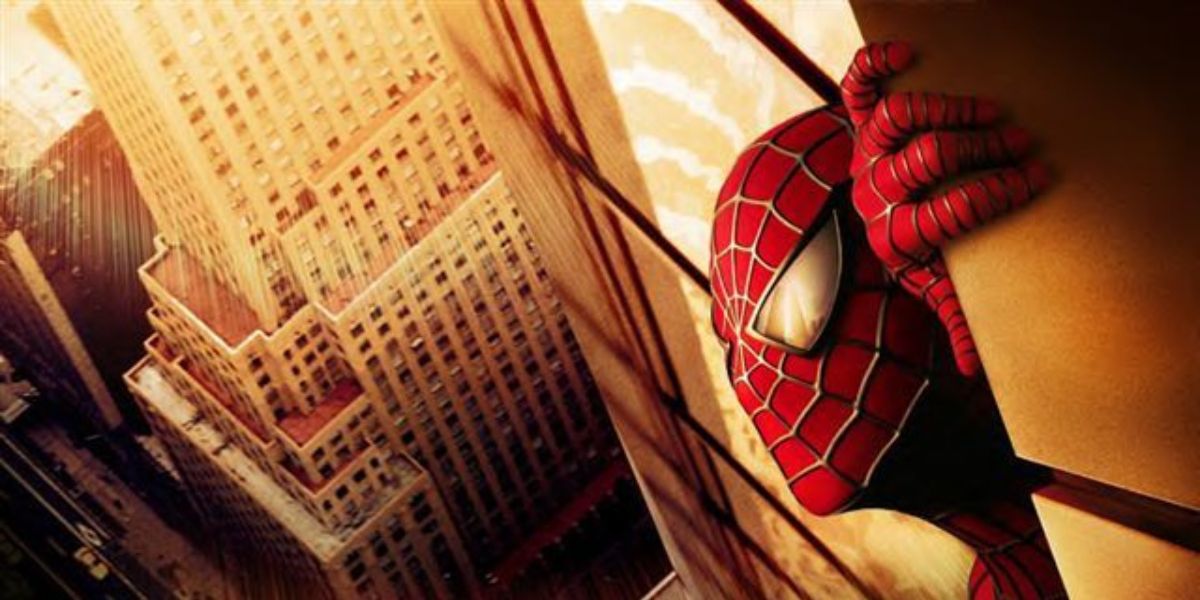 Spider-Man looking at the Twin Towers from Spider-Man 2002 poster.