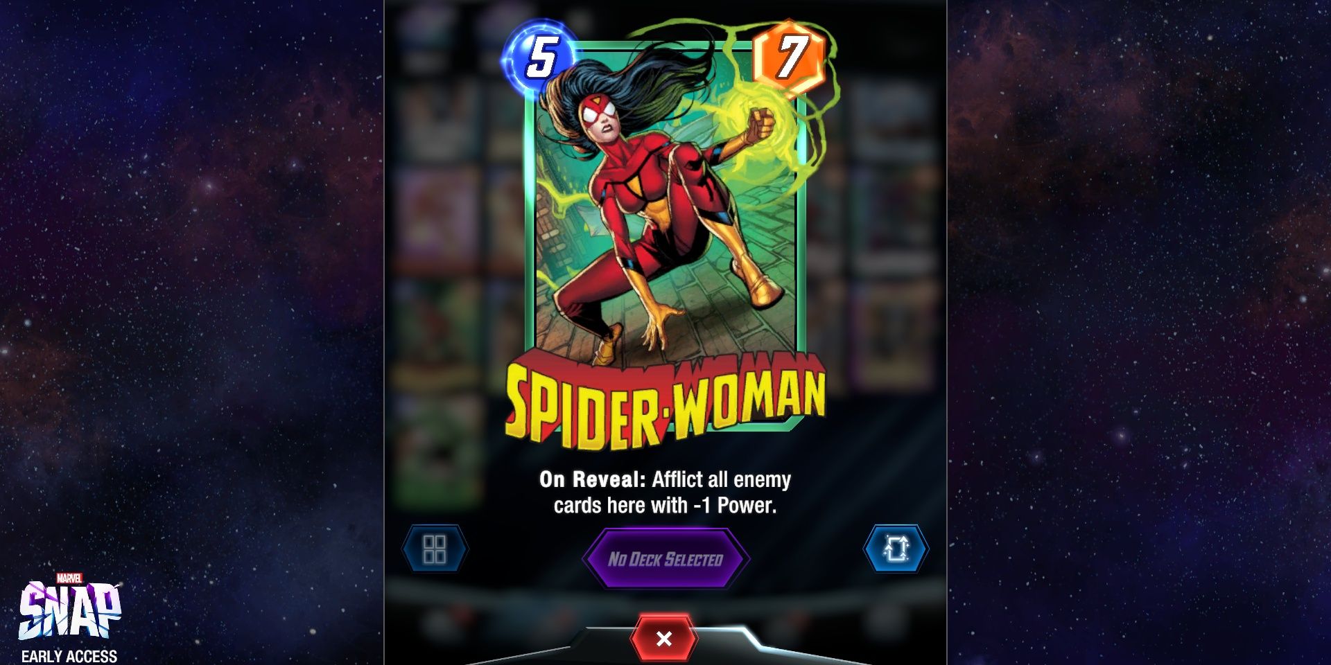 The Spider-Woman card in Marvel Snap on top of promotional art in a split image