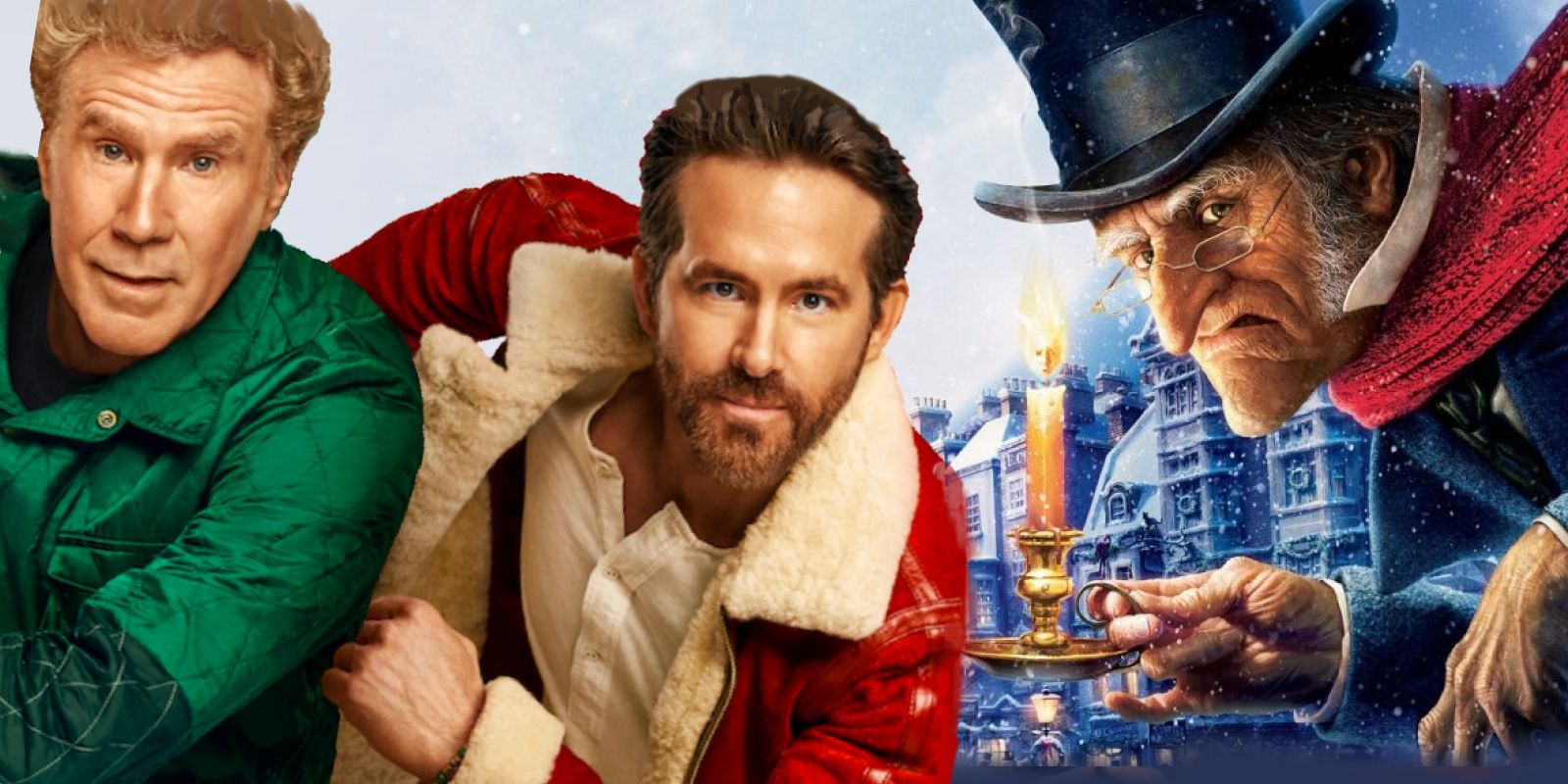 Will Ferrell and Ryan Reynolds poster for Spirited next to A Christmas Carol’s Scrooge. 