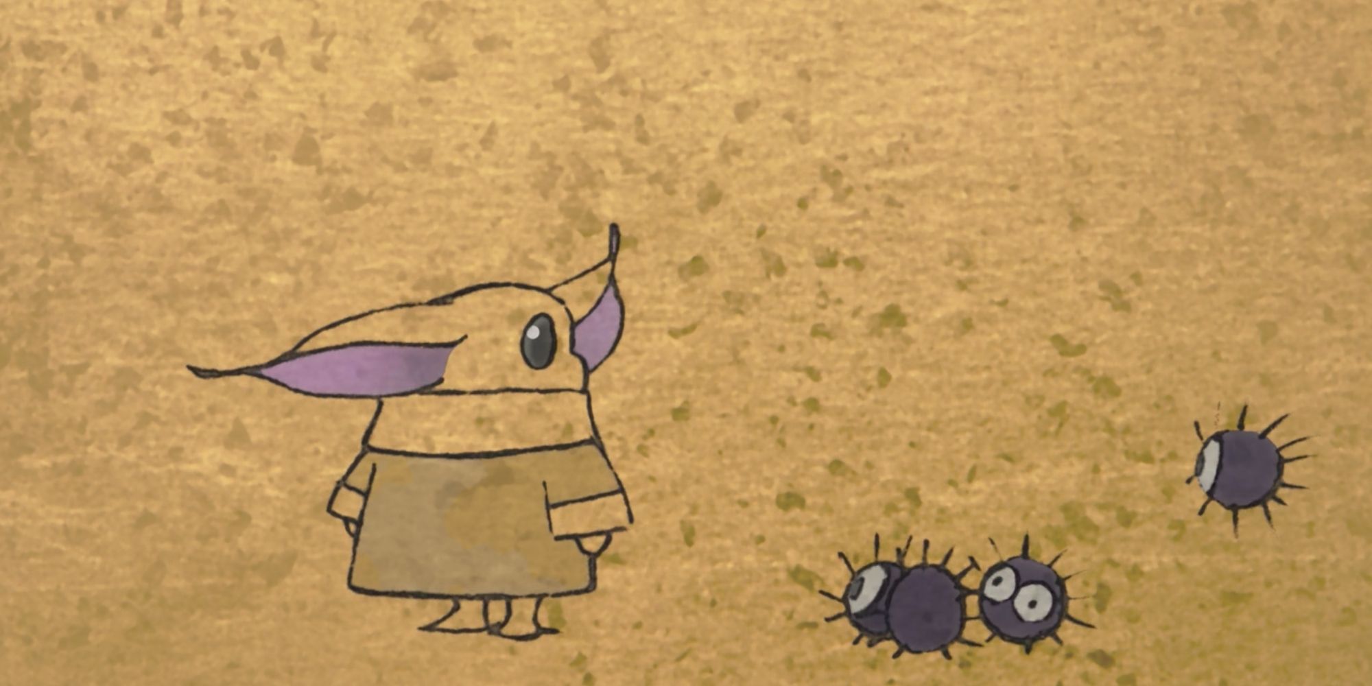Grogu stops to look back at the dust bunnies in Zen - Grogu and Dust Bunnies.