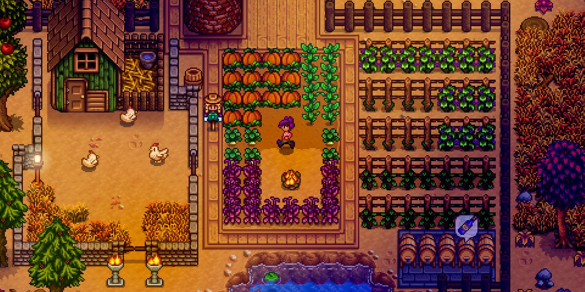 Player exploring their farm full of crops and livestock in Stardew Valley