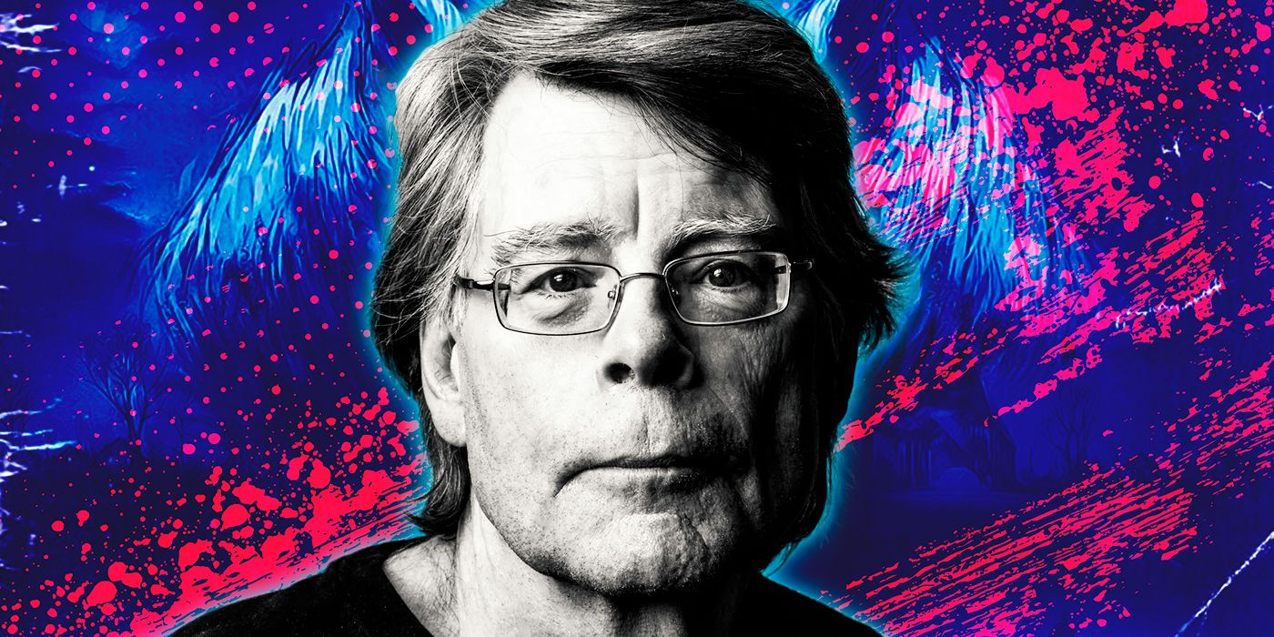 Stephen King in front of a blue and pink background
