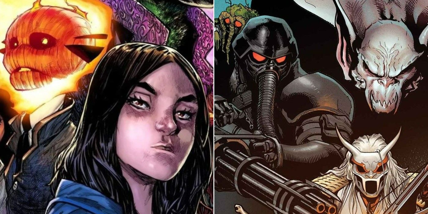 A split image of Marvel characters from Strange Academy and of the members of the Legion of the Unliving