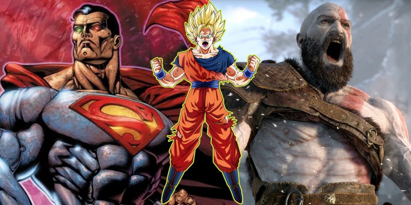 Uma colagem de Cosmic Armor Superman, Super Sayian Goku e God of War's Kratos