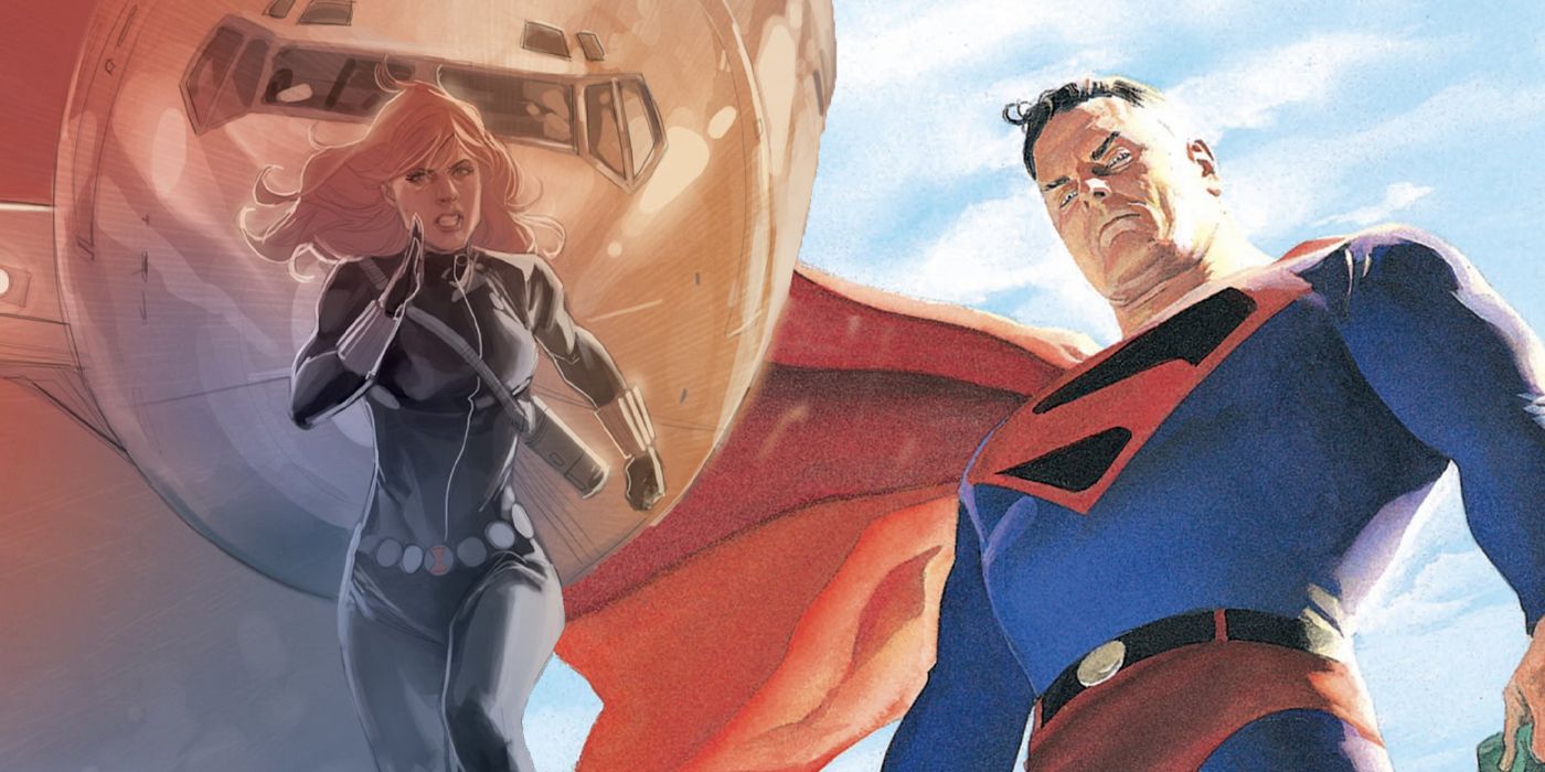split image of Black Widow and Kingdom Come Superman in comics