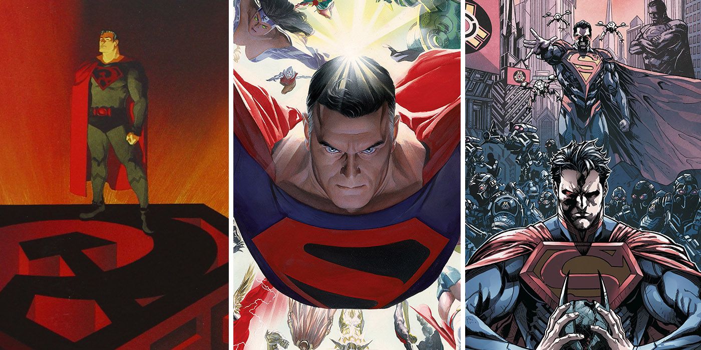 split image of Superman from Red Son, Kingdom Come and Injustice