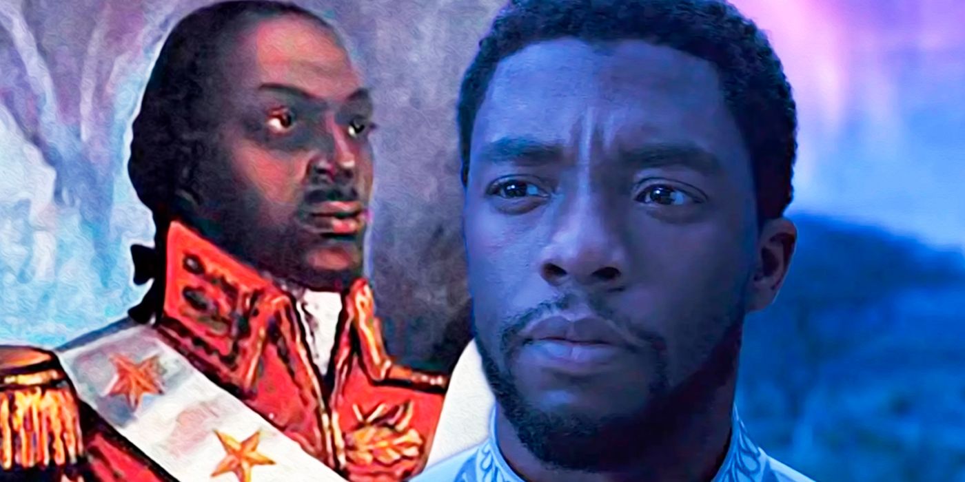 T'Challa in Black Panther next to a painting of Toussaint L'Ouverture