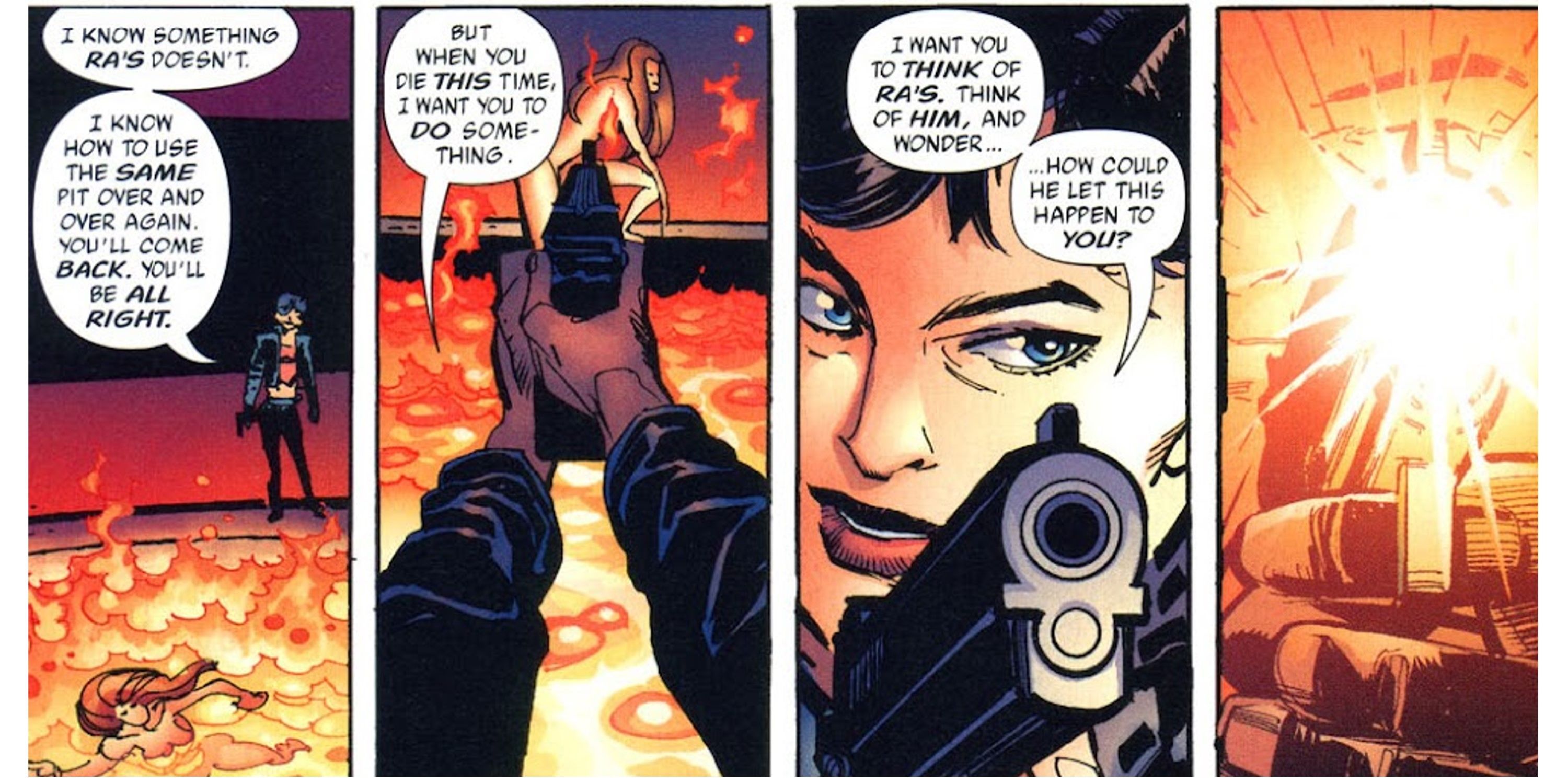 Nyssa Raatko kills Talia al Ghul and puts her in a Lazarus Pit repeatedly to make her hate Ra's al Ghul