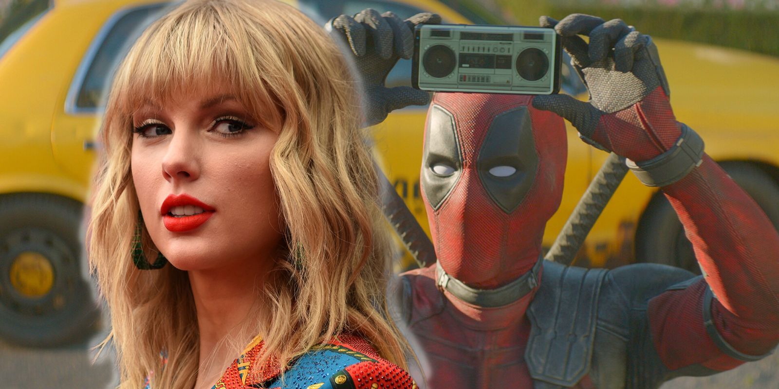 Taylor Swift photo with Deadpool in the background in front of a taxi