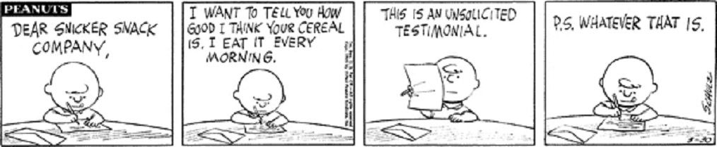 Charlie Brown writing a letter to the Snicker Snack company in the Peanuts comics