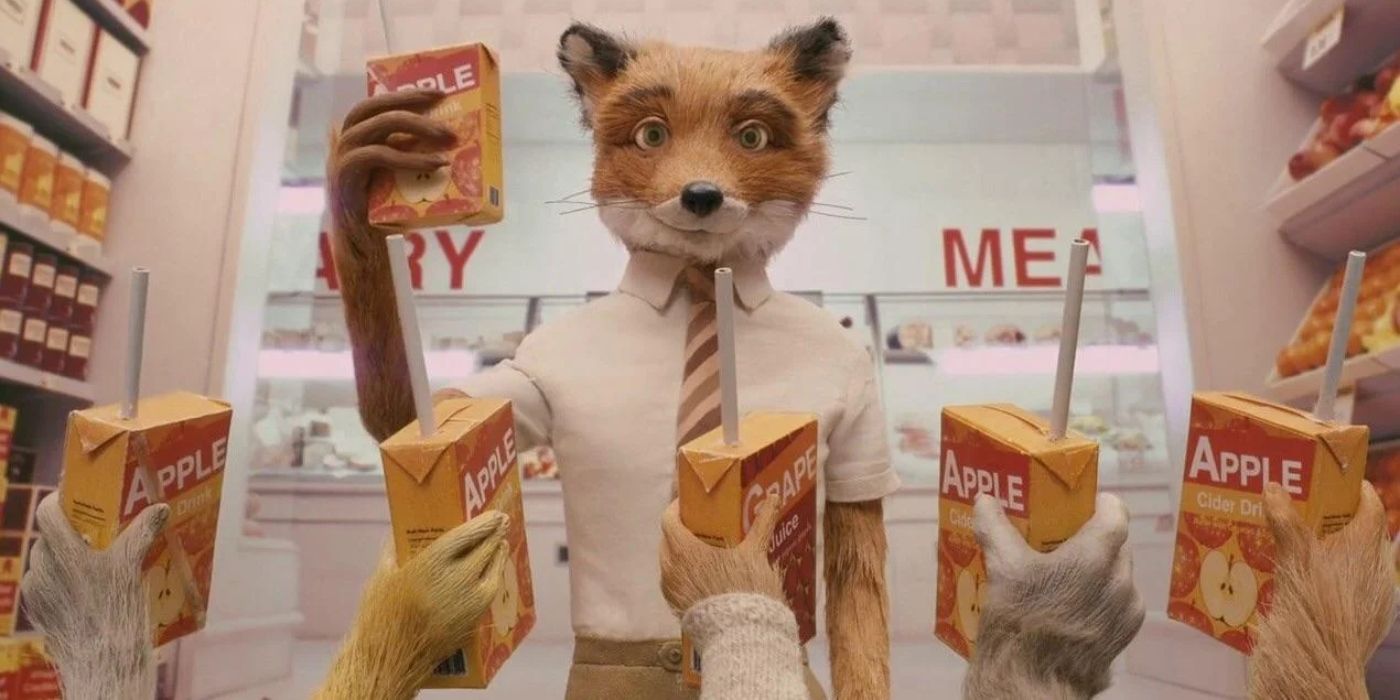 Mr. Fox and several hands holding boxes of apple juice in The Fantastic Mr. Fox
