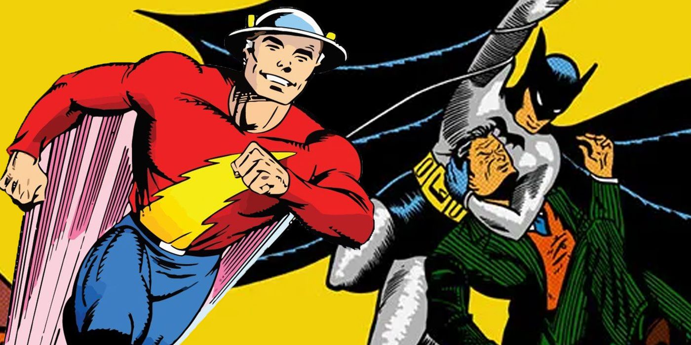 Jay Garrick running as the Flash while Batman from the Golden Age catches a crook