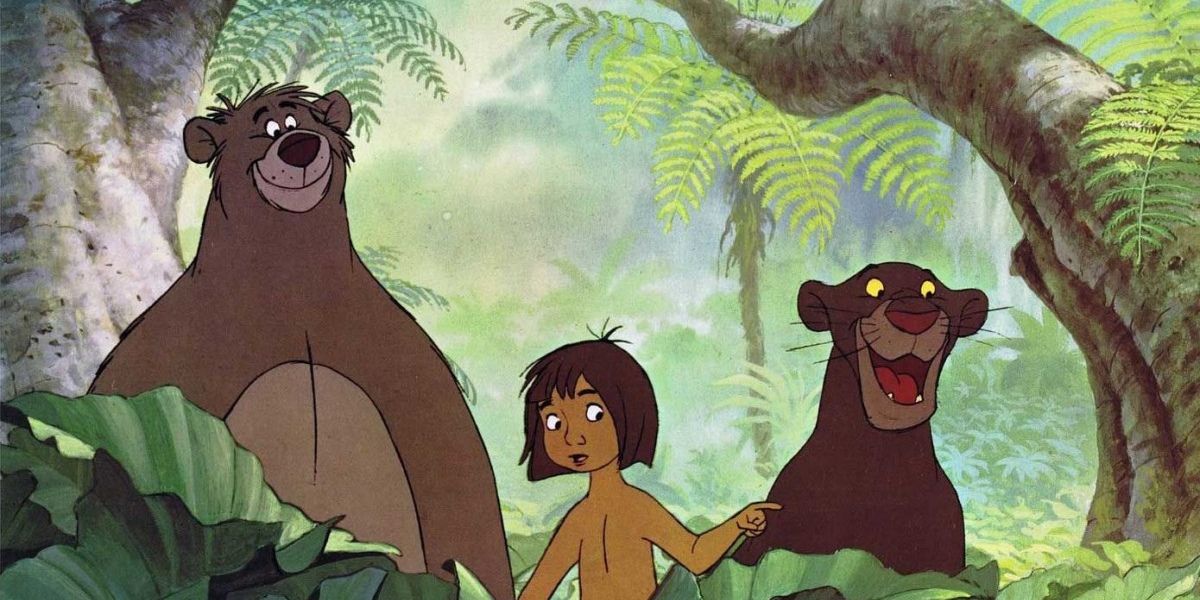 Mowgli with Baloo and Bagheera in The Jungle Book Disney movie