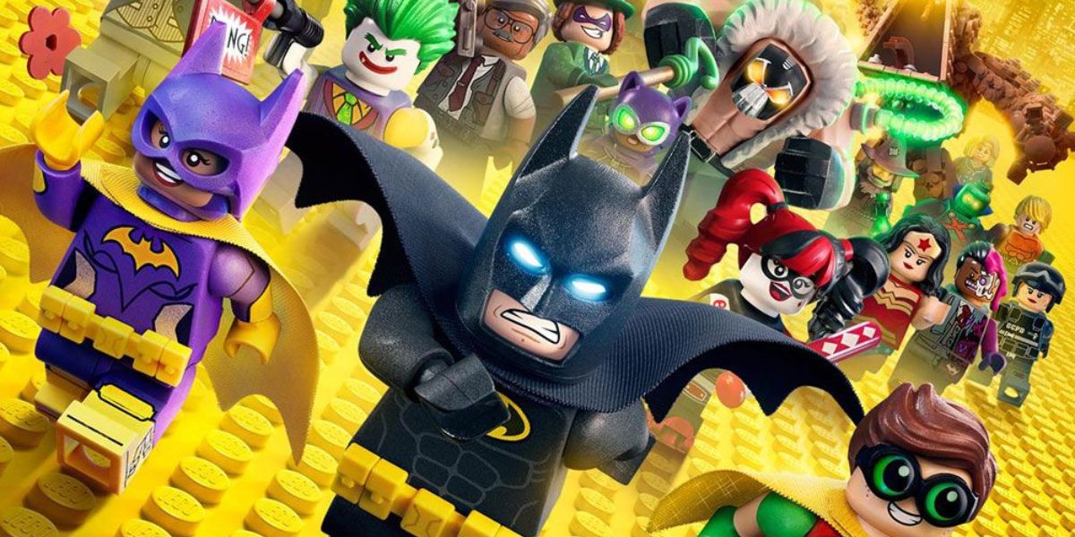 Lego Batman and his allies and villains running from The Lego Batman Movie Poster.