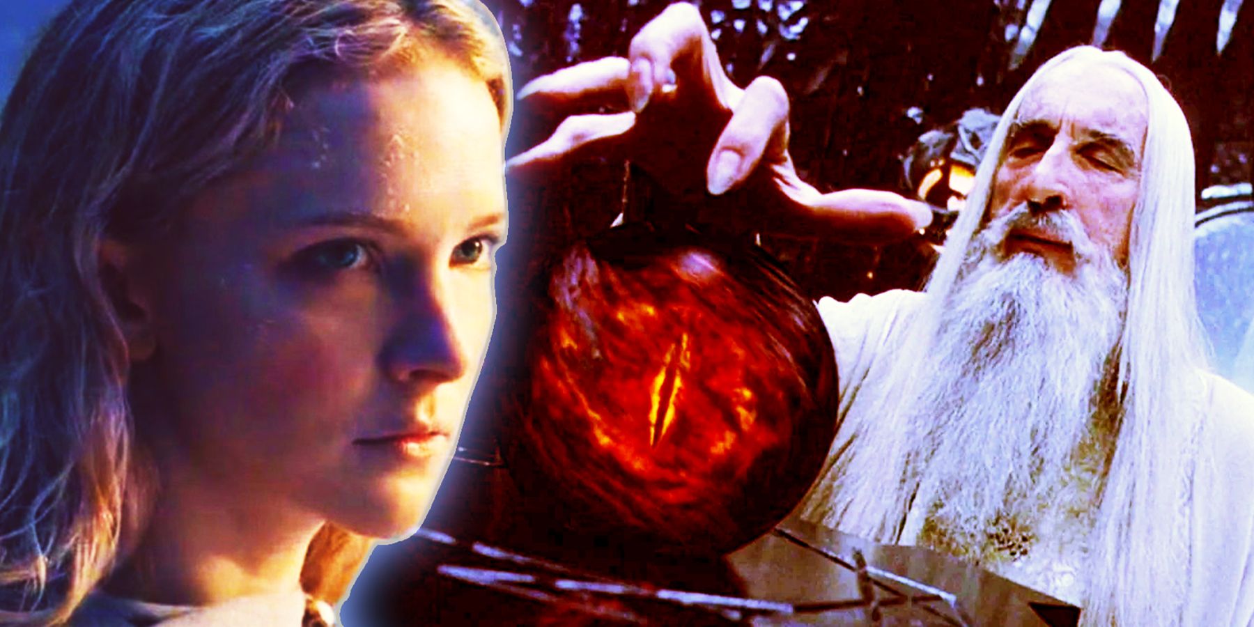 Galadriel and Saruman from The Lord of the Rings and Rings of Power split image