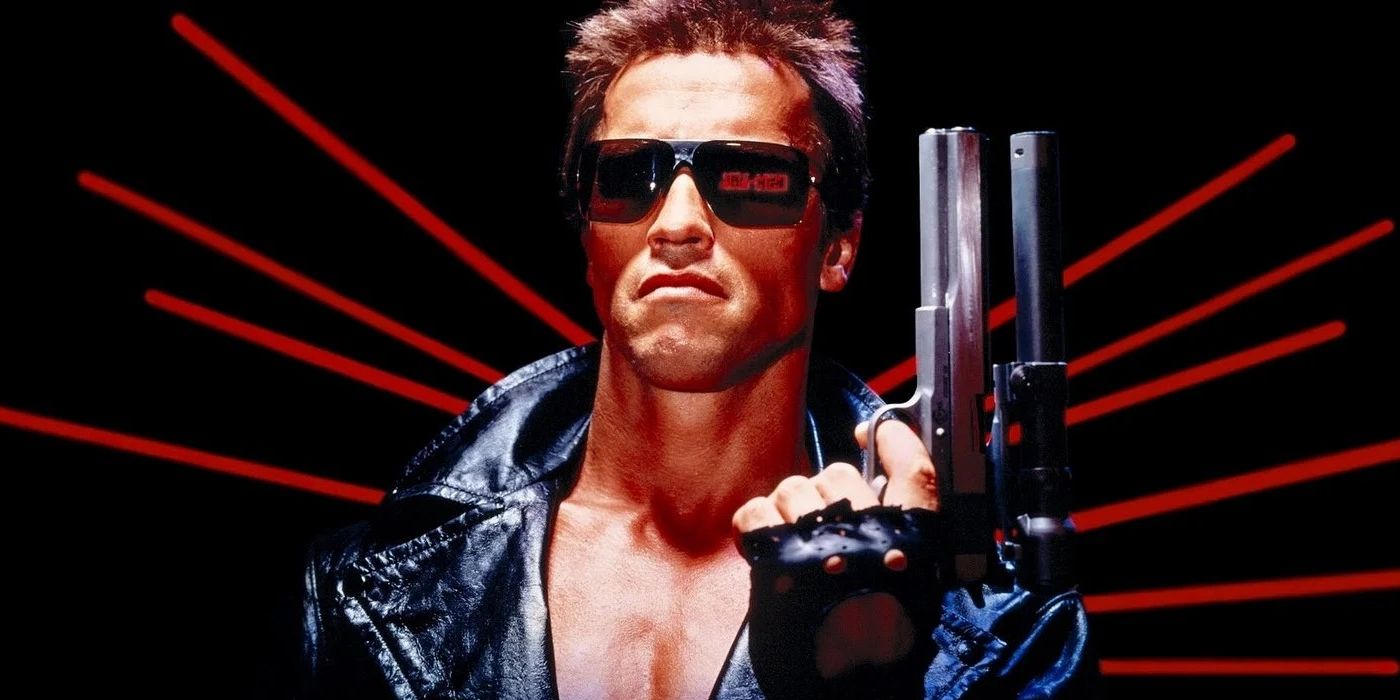 Arnold Schwarzenegger as Terminator standing before a black background with red stipes, holding a gun in his left hand.
