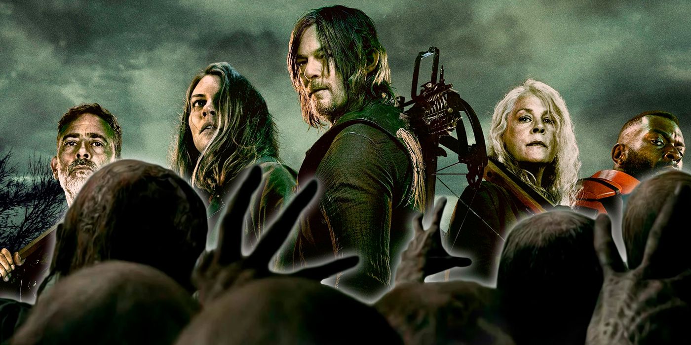 The Walking Dead's Negan, Maggie, Daryl, Carol, and Mercer in front of zombie hands