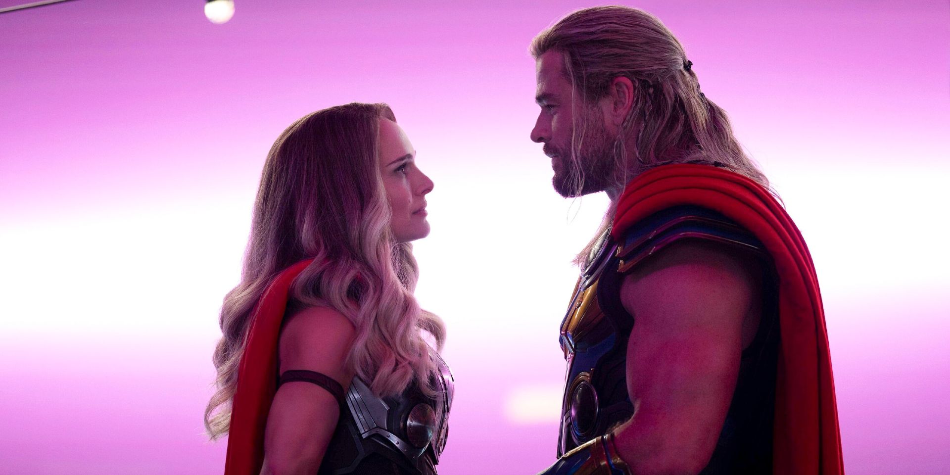 Jane Foster as Mighty Thor shares an intimate moment with Thor in the MCU's Thor: Love & Thunder