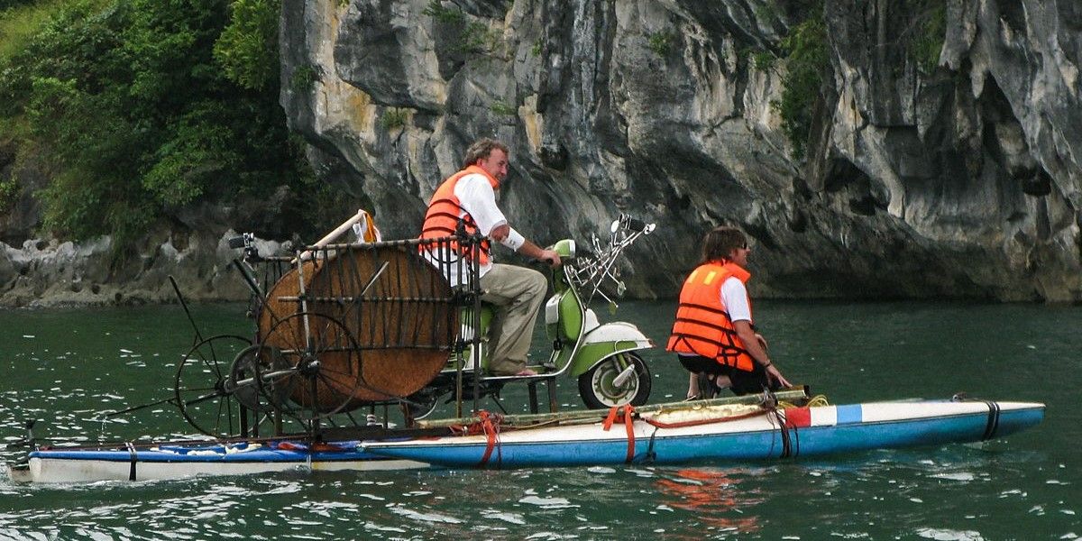 Top Gear Vietnam Clarkson and Hammond on boat bikes