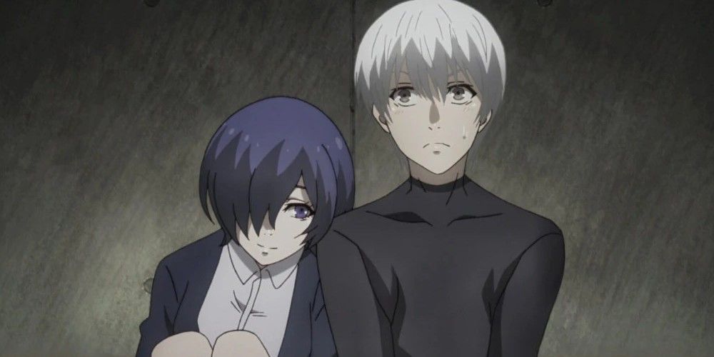 Touka Kirishima and Ken Kaneki sit together in Tokyo Ghoul:re anime