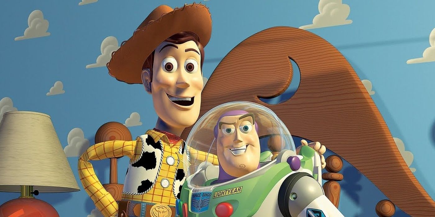 Buzz and Woody smile for the camera in Toy Story.
