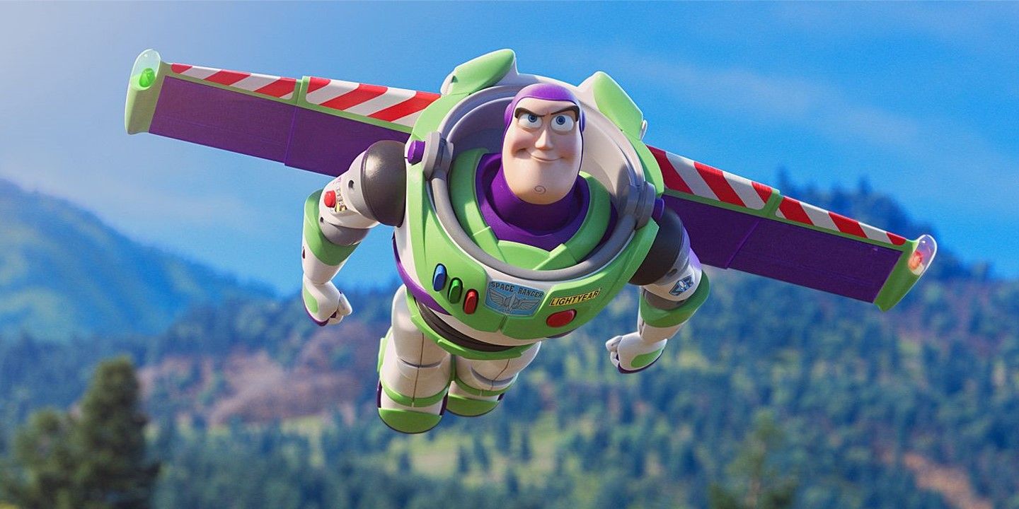 A still of Buzz Lightyear flying in Toy Story.