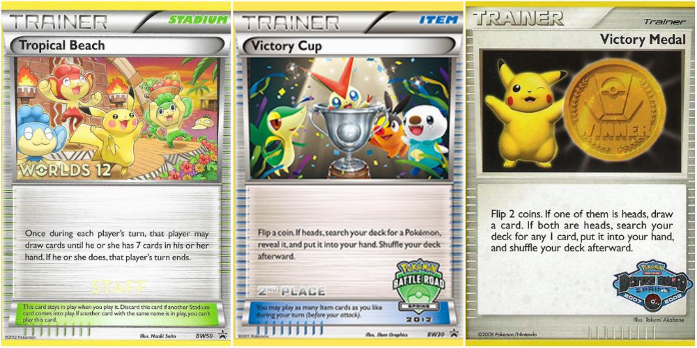 Tropical Beach, Victory Cup, and Victory Medal from the Pokemon TCG