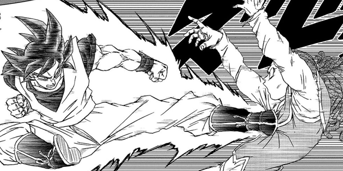 True Ultra Instinct Goku kicking Gas in Dragon Ball Super Manga Chapter 85