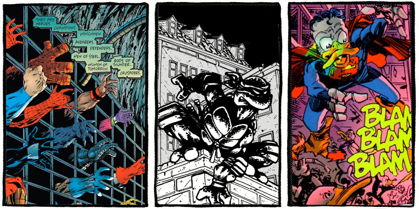 A split image of heroes in a dungeon, Raphael on a rooftop, and a super duck clone in various comics
