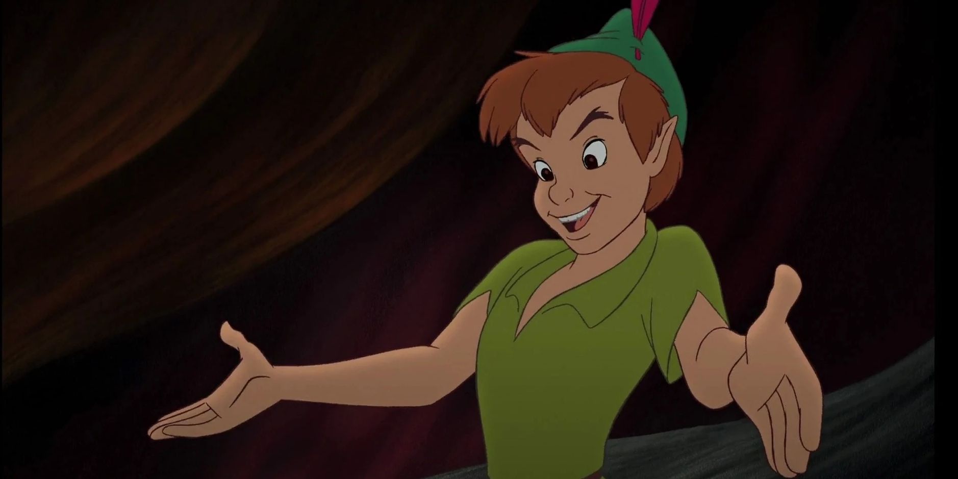 Peter Pan, arms outstretched and smiling in the animated film.