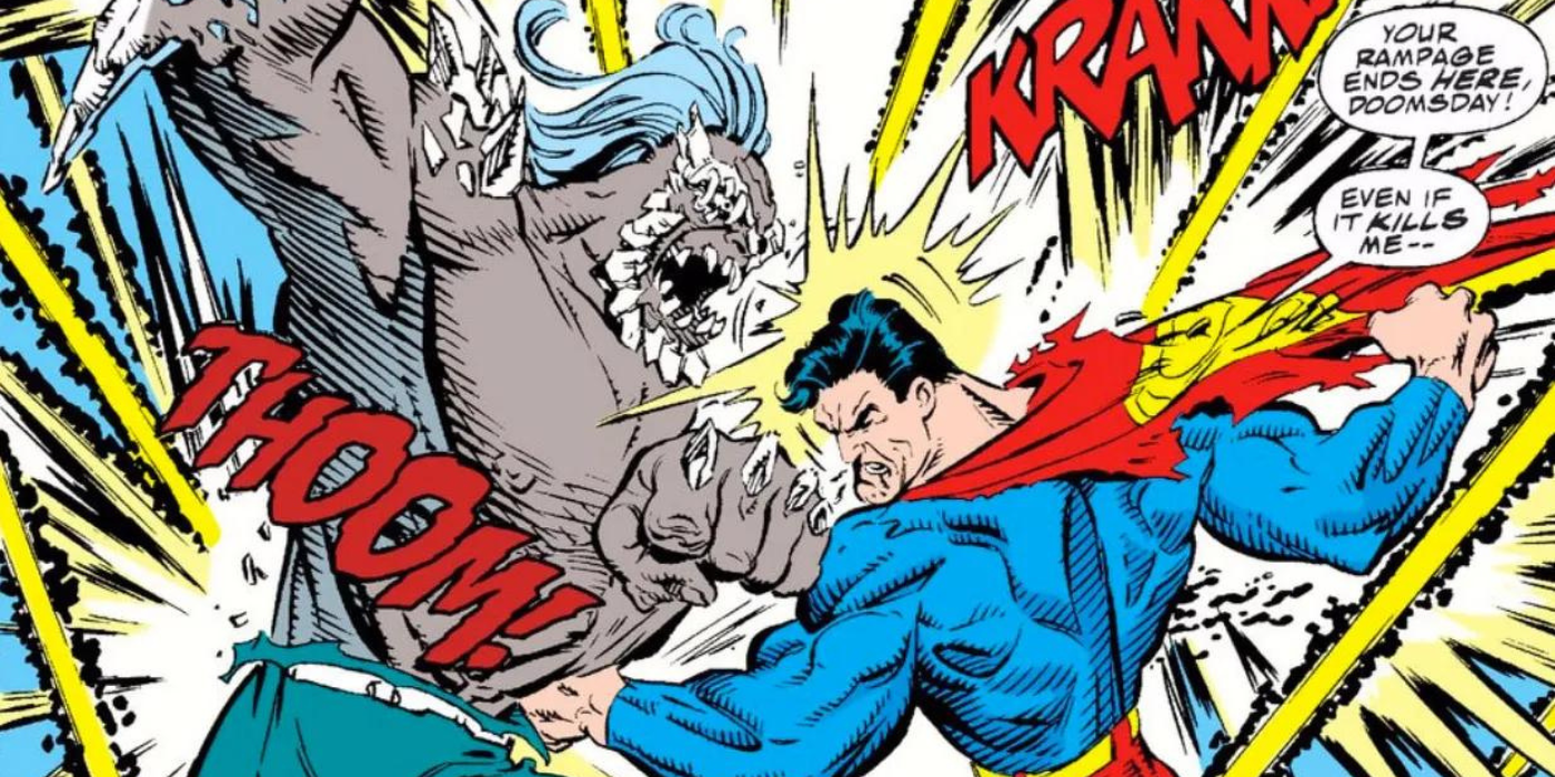 Superman battling Doomsday from the Death of Superman.