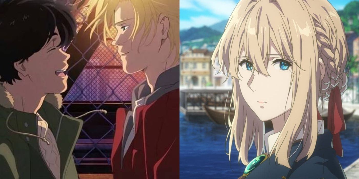 Eiji Okumura and Ash Lynx looking at each other lovingly from Banana Fish and Violet Evergarden looking at the camera in the day. 