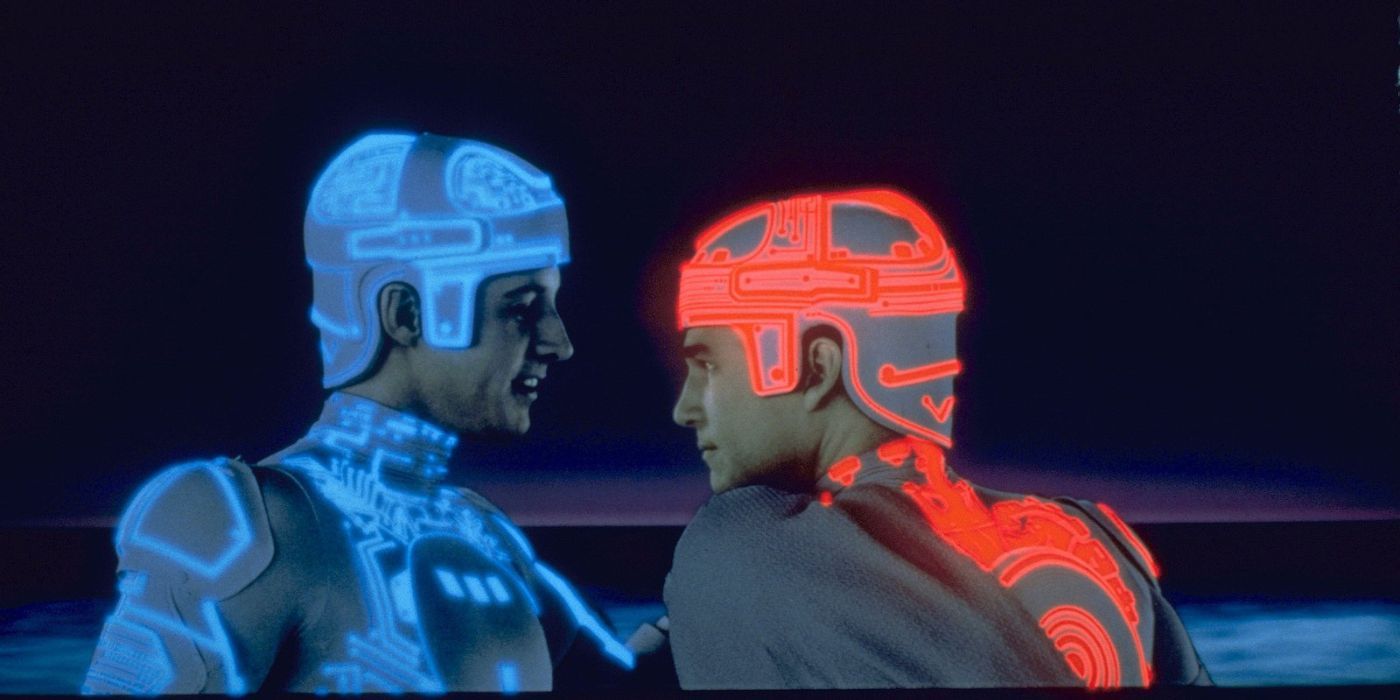 Tron and Kevin Flynn talking in Tron. 