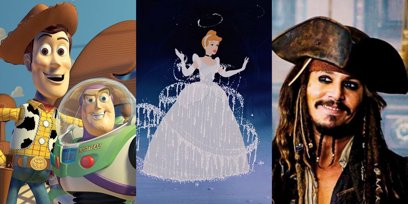 Woody and Buzz Lightyear from Toy Story, Cinderella transforming into her ball gown in CInderella, and Jack Sparrow from Pirates of the Caribbean. 