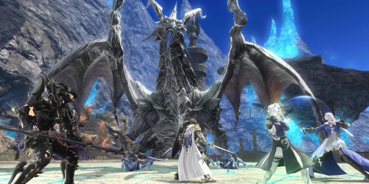 A group of players fight a large dragon boss in Update 9.67 (6.2) of Final Fantasy XIV
