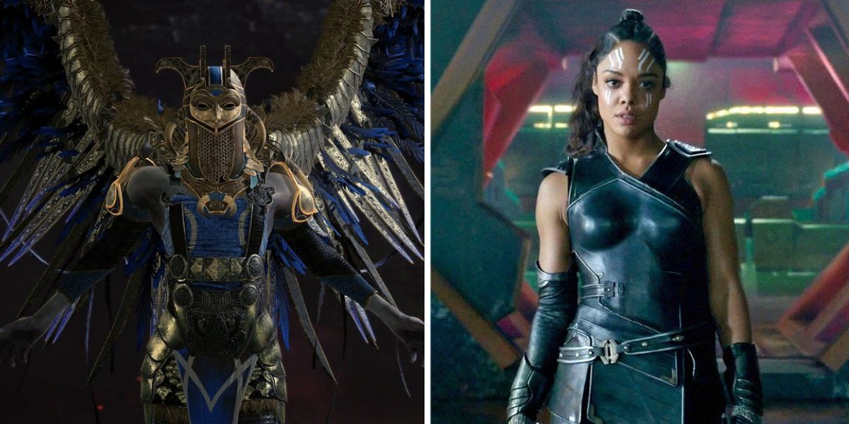 Hildr's design in God of War while Valkyrie is standing in Thor: Ragnarok.