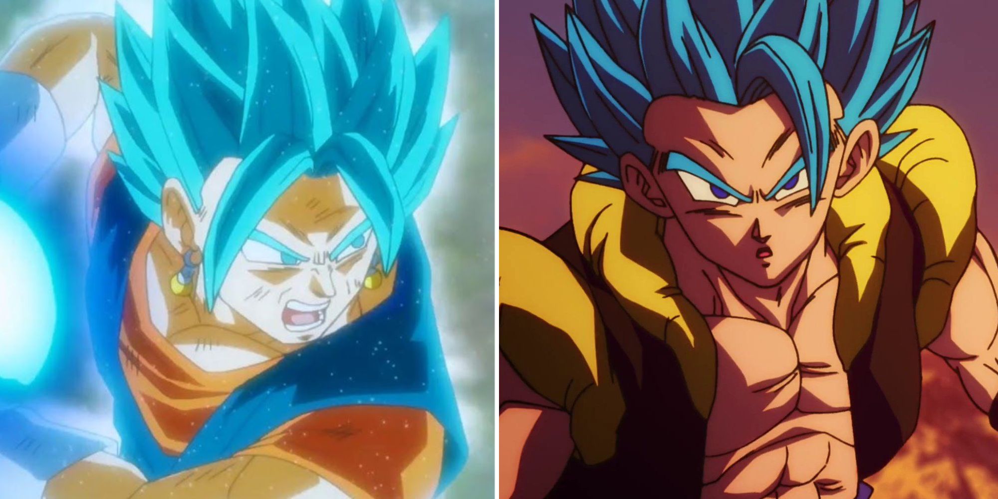 Vegito charging a Final Kamehameha in Dragon Ball Super and Gogeta after landing an attack in Dragon Ball Super Broly