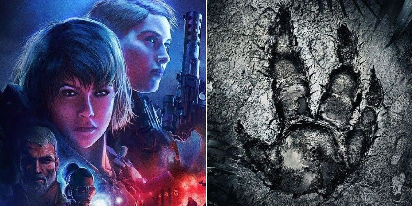 A split image of The Blazkowicz family in Wolfenstein Youngblood and of a monster's footprint in Evolve