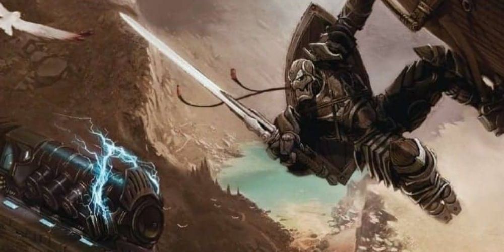 A Warforged preparing to drop onto a train on the cover of Wayfinder's Guide to Eberron DnD setting book.