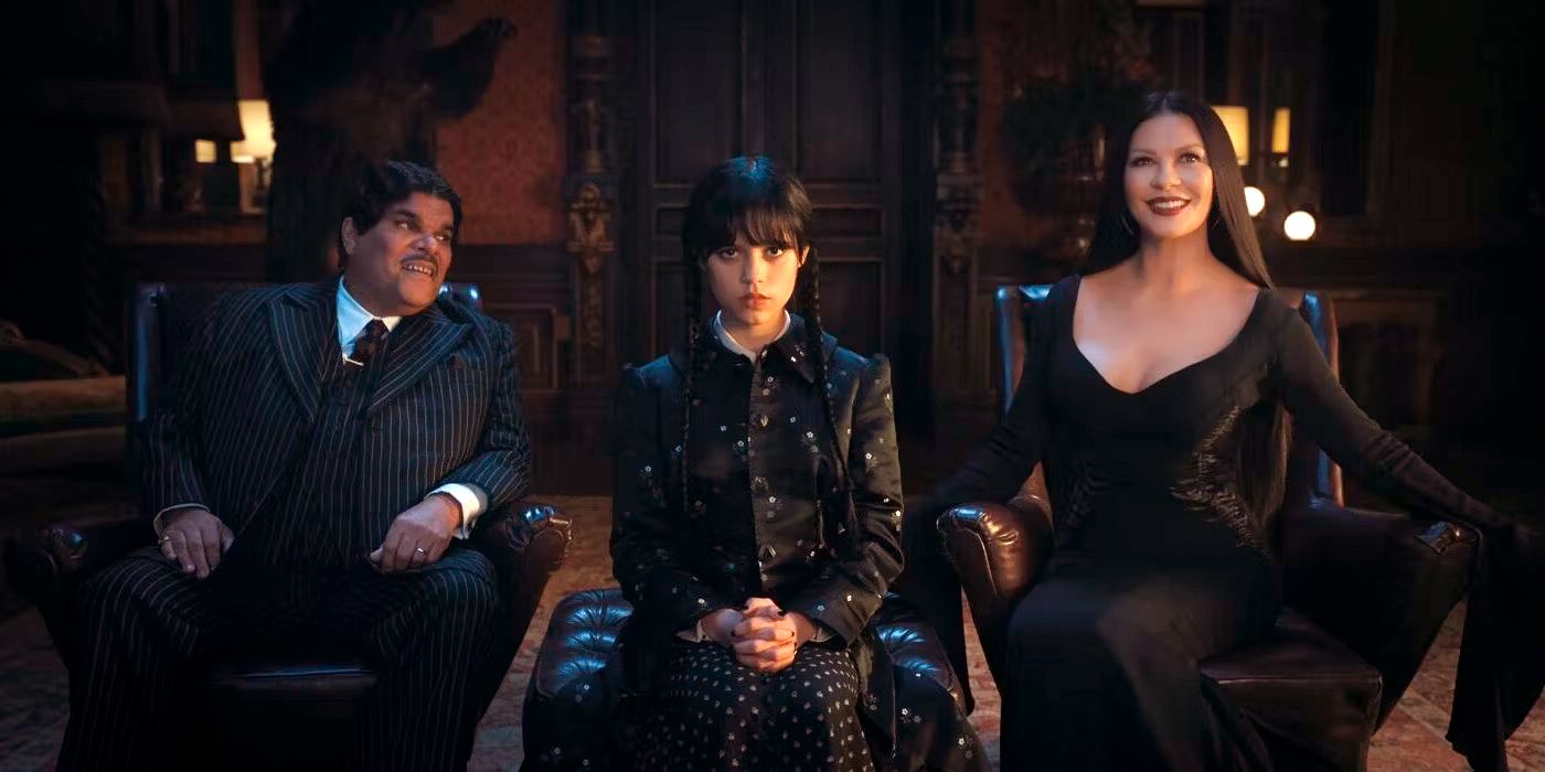 Wednesday, Morticia, and Gomez Addams in Nevermore in Wednesday