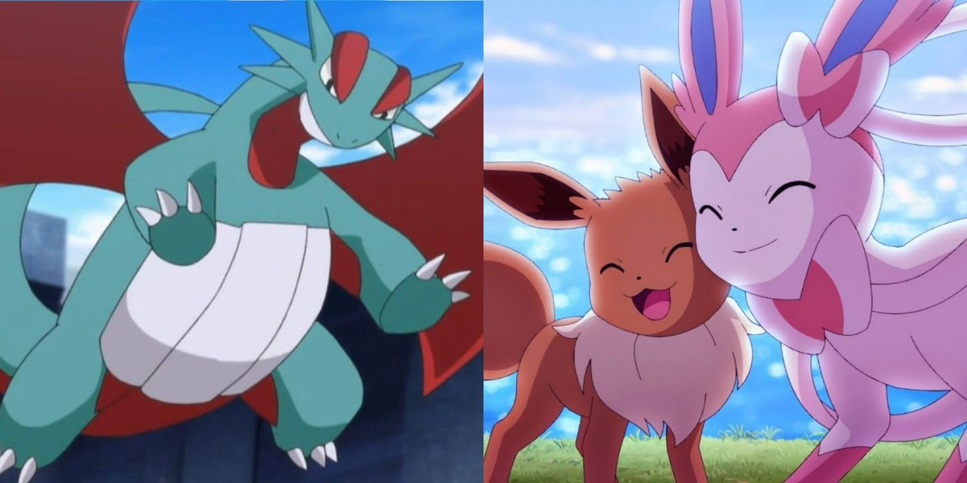 A split image of Sawyer's Salamence in Pokemon XY and of Sylveon smiling with another Pokémon