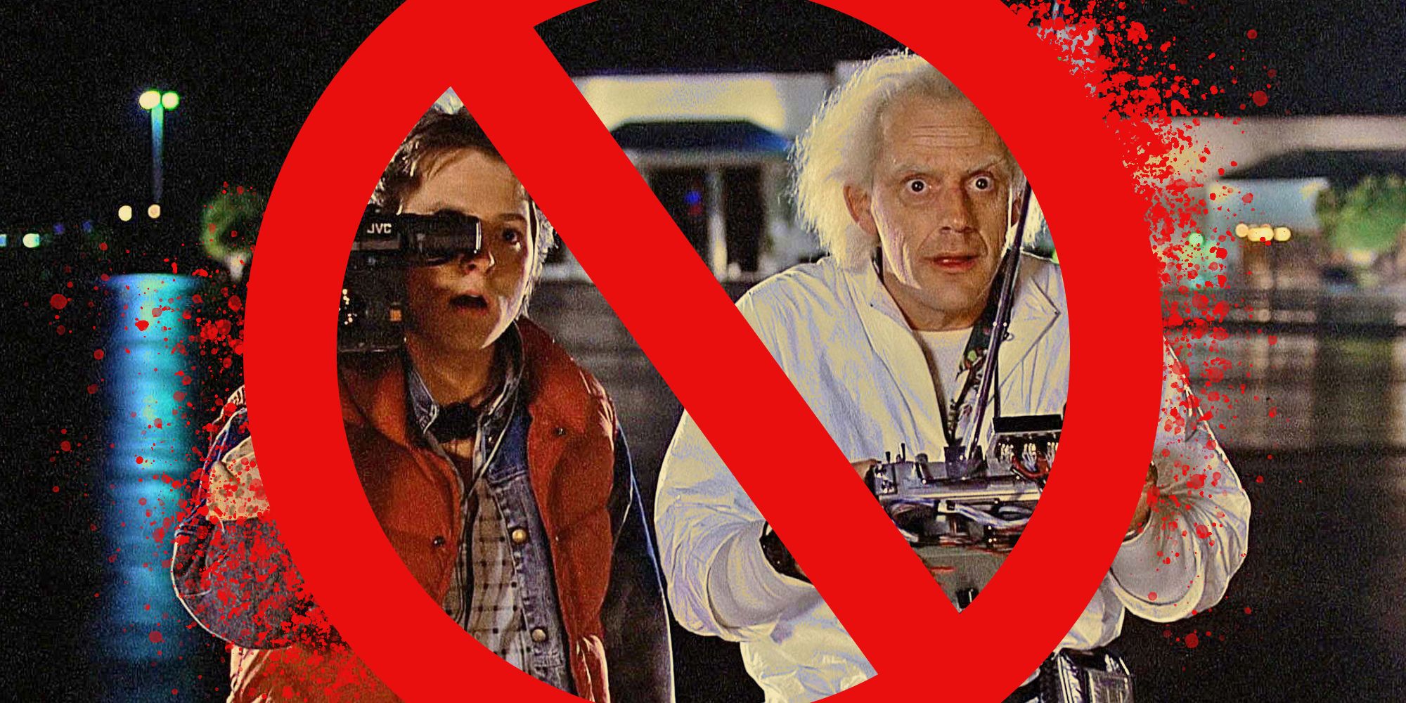 Why China Banned Back To The Future Feature Image With A Large No Symbol Over Marty McFly and Doc Brown