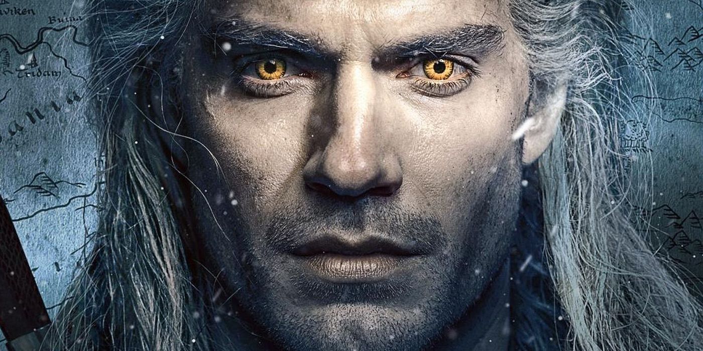 A poster for Netflix's The Witcher featuring a closeup shot of Henry Cavill's Geralt.